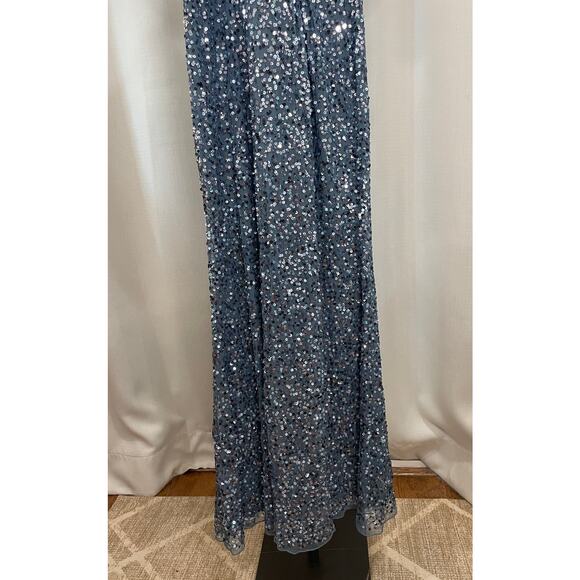 Mac Duggal Blue Draped Sleeve V-Neck Gown Slate Blue 5640 Size 4 NWT Sequins - Picture 8 of 16